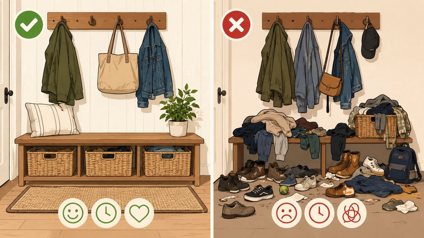 A comparison image showing an organized entryway bench with storage baskets versus a messy, cluttered entryway area.