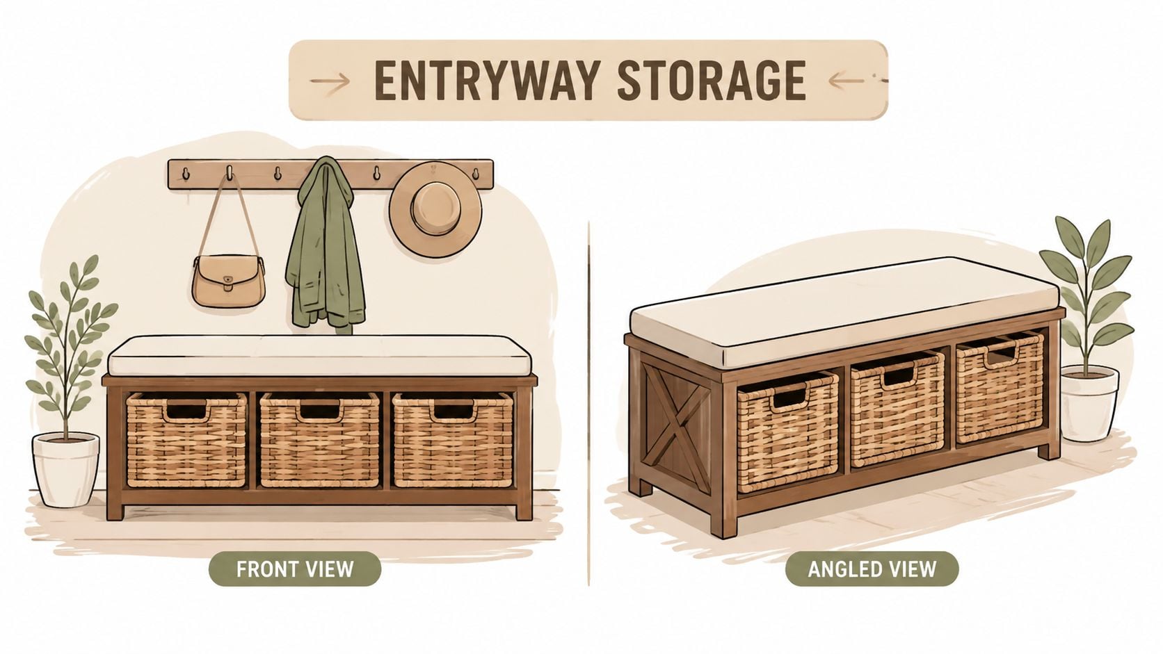 A wooden entryway storage bench with an upholstered seat and three woven wicker baskets for organization.