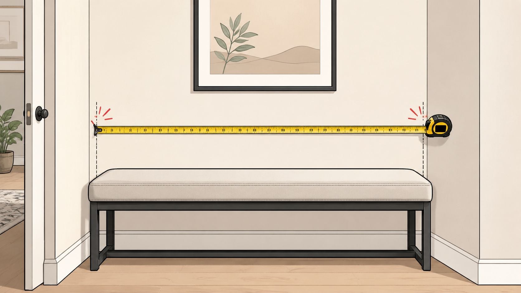 A tape measure showing the width of a modern bench placed against a wall with framed art.