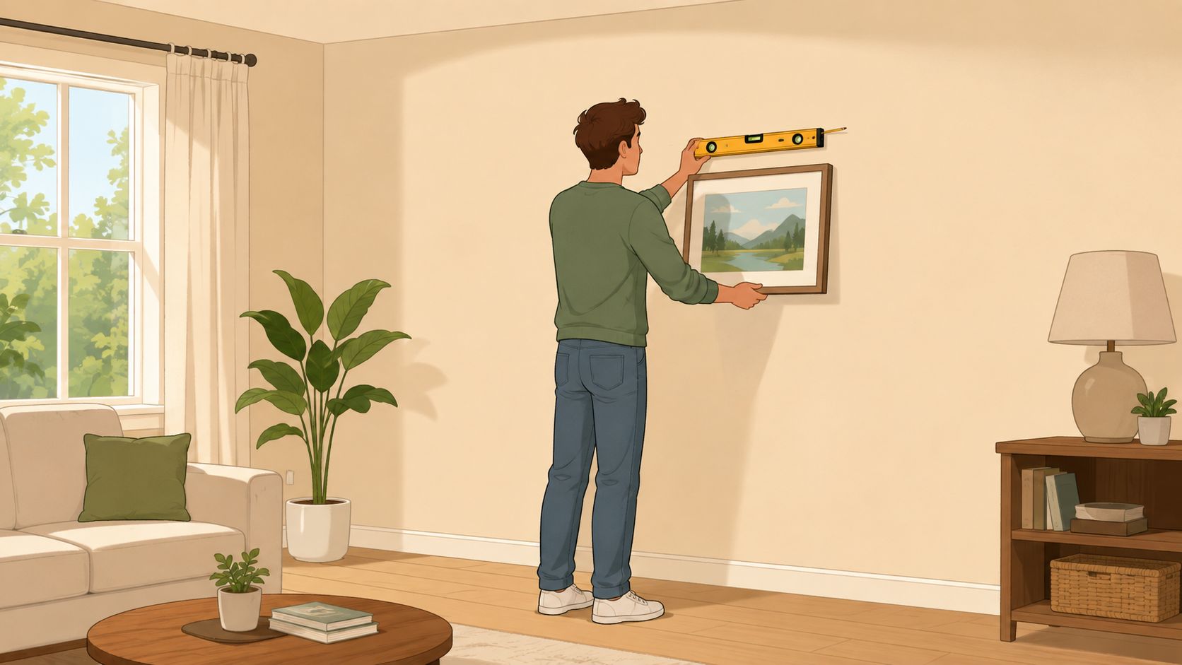 A man using a spirit level to ensure a picture frame is straight on the wall.