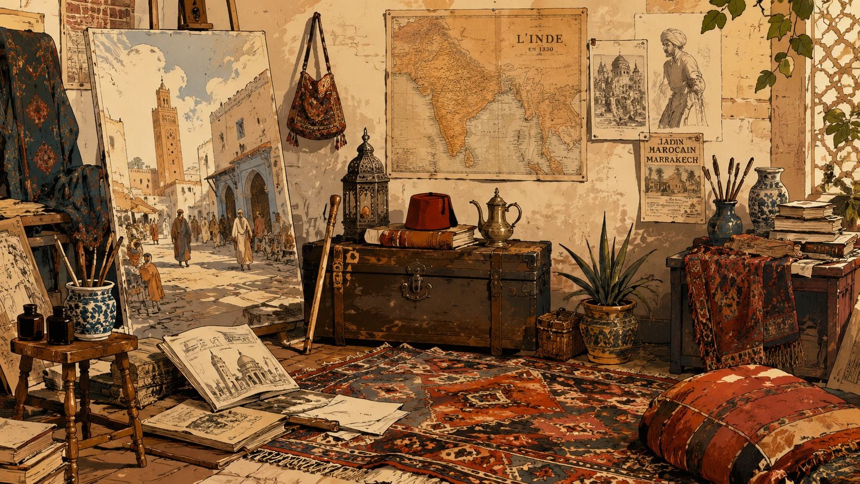 An artist's cozy room featuring bohemian style furniture, a detailed painting, vintage maps, and Moroccan-inspired decor elements.