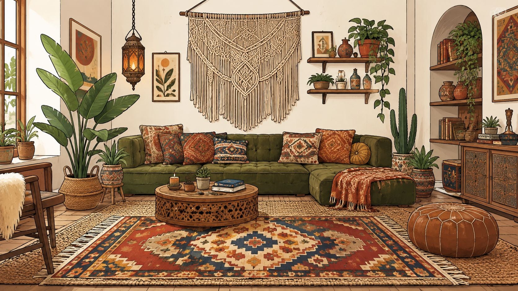 A cozy bohemian style living room featuring a green sofa, patterned rugs, macrame wall art, and houseplants.