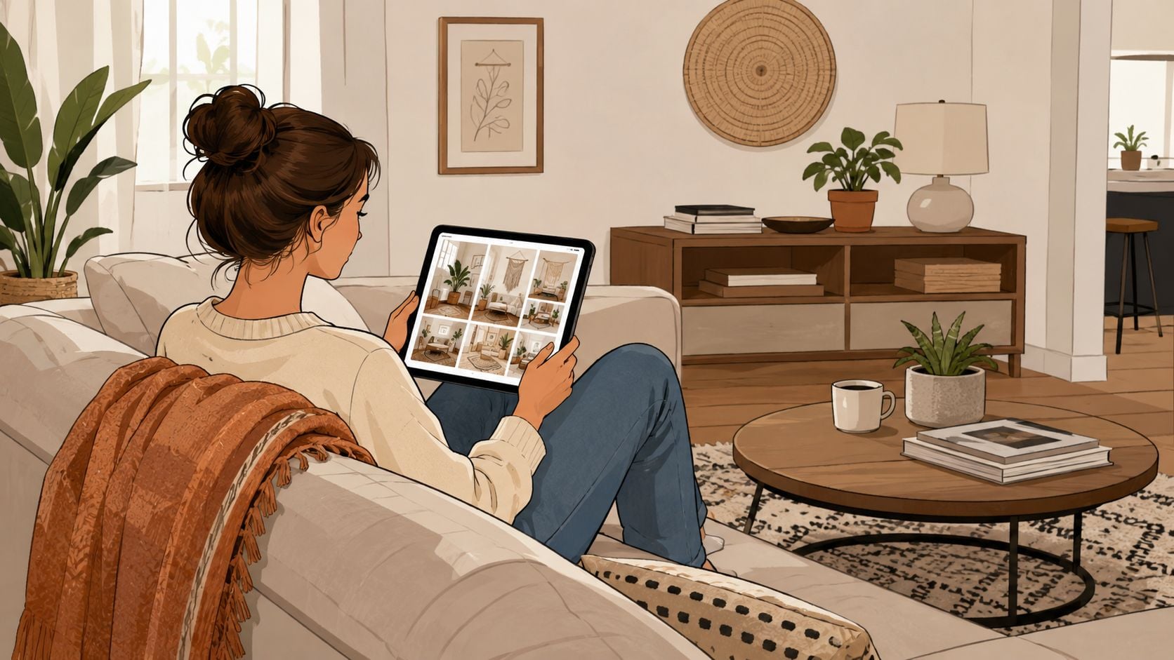 A woman relaxing on a couch while browsing bohemian style furniture ideas on her digital tablet screen.