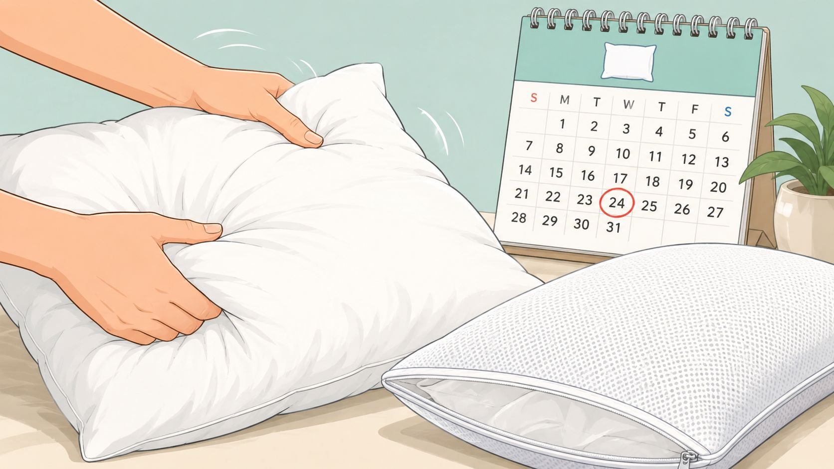 A person adjusting a white fluffy pillow next to a calendar with the twenty-fourth day circled.