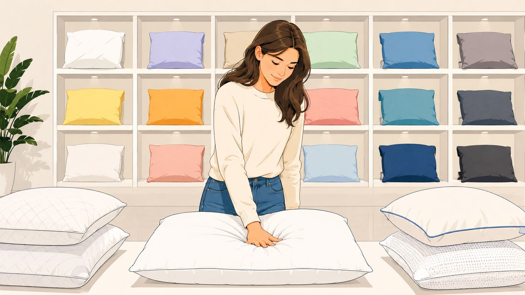 A woman testing the softness of a pillow on a store counter filled with colorful display pillows.