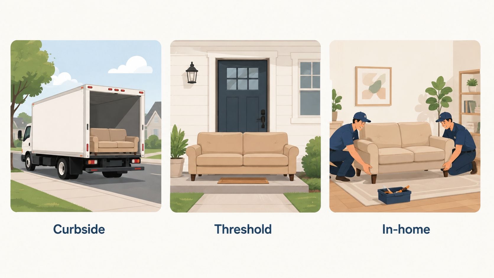 A diagram illustrating three different delivery options for furniture: curbside, threshold, and in-home assembly service.