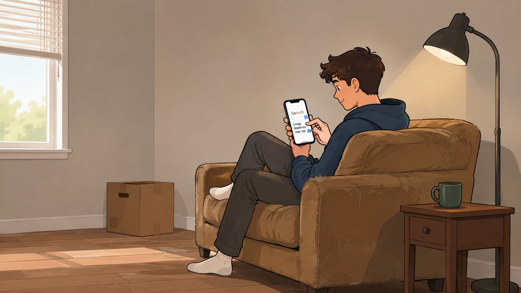 A young man sitting in a brown armchair, using his smartphone to search for cheap furniture online.