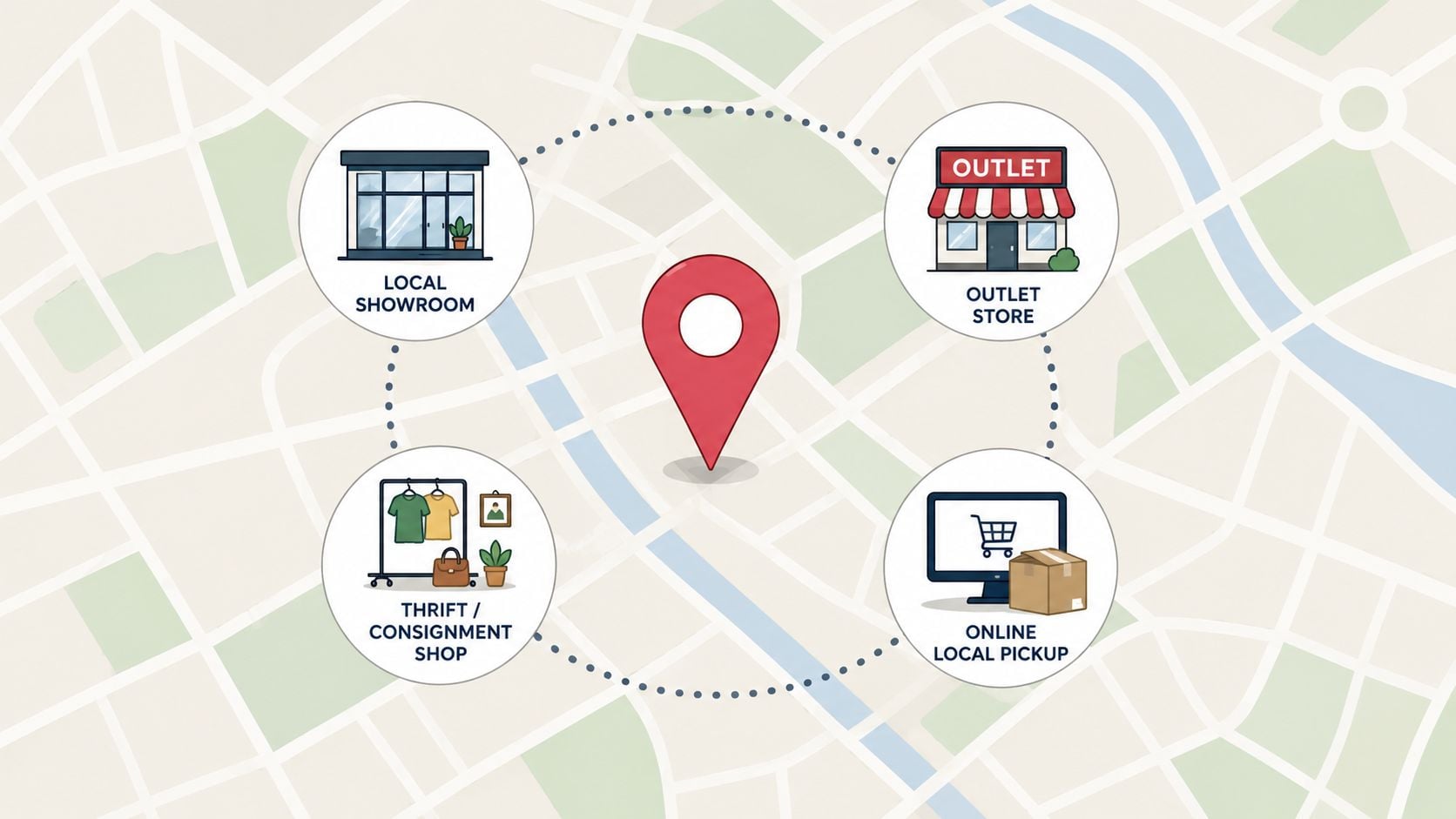 A map illustration featuring a red location pin surrounded by icons for furniture shopping and store options.