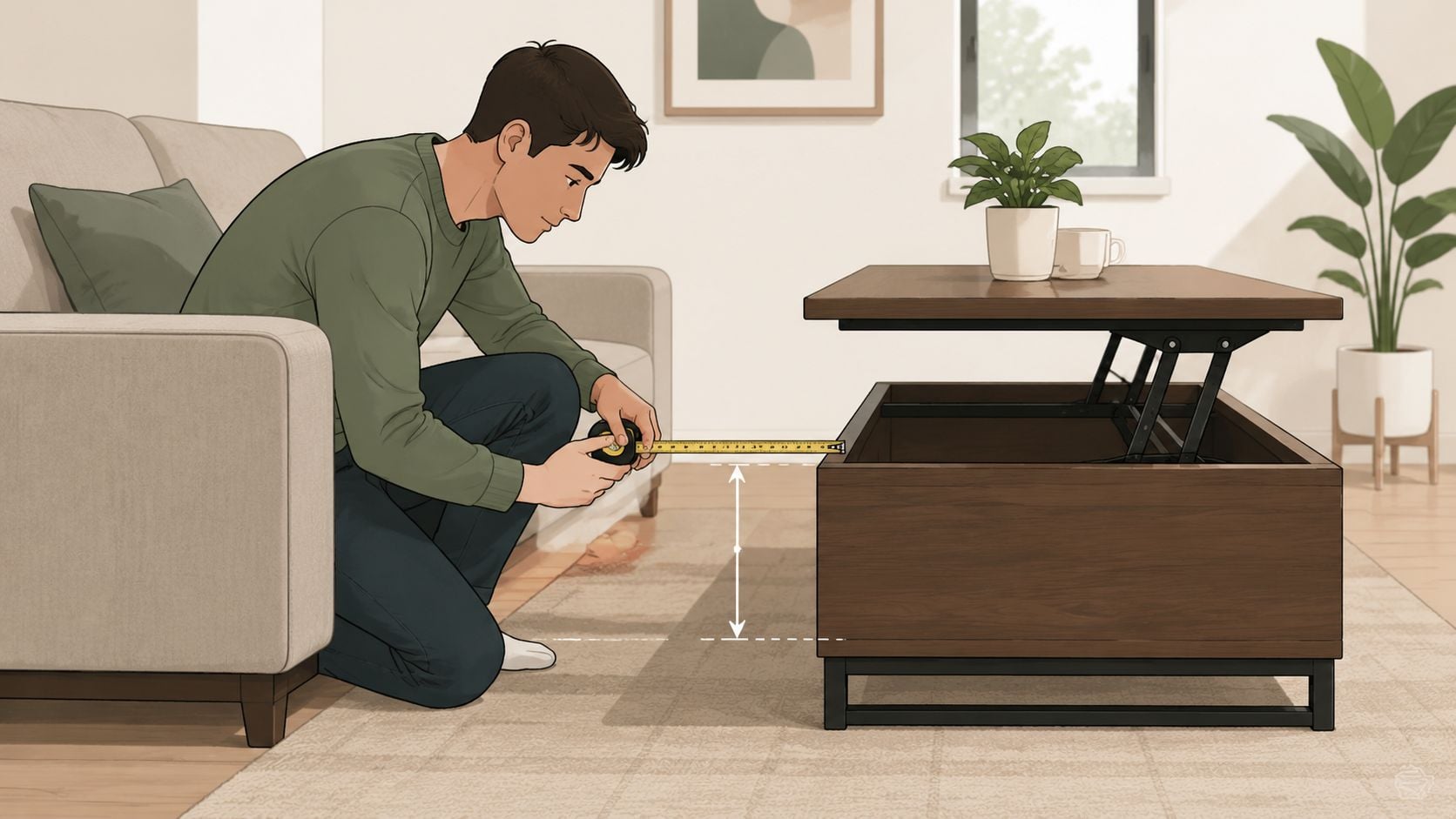 A man in a green shirt kneeling on a rug and measuring a lift top coffee table.