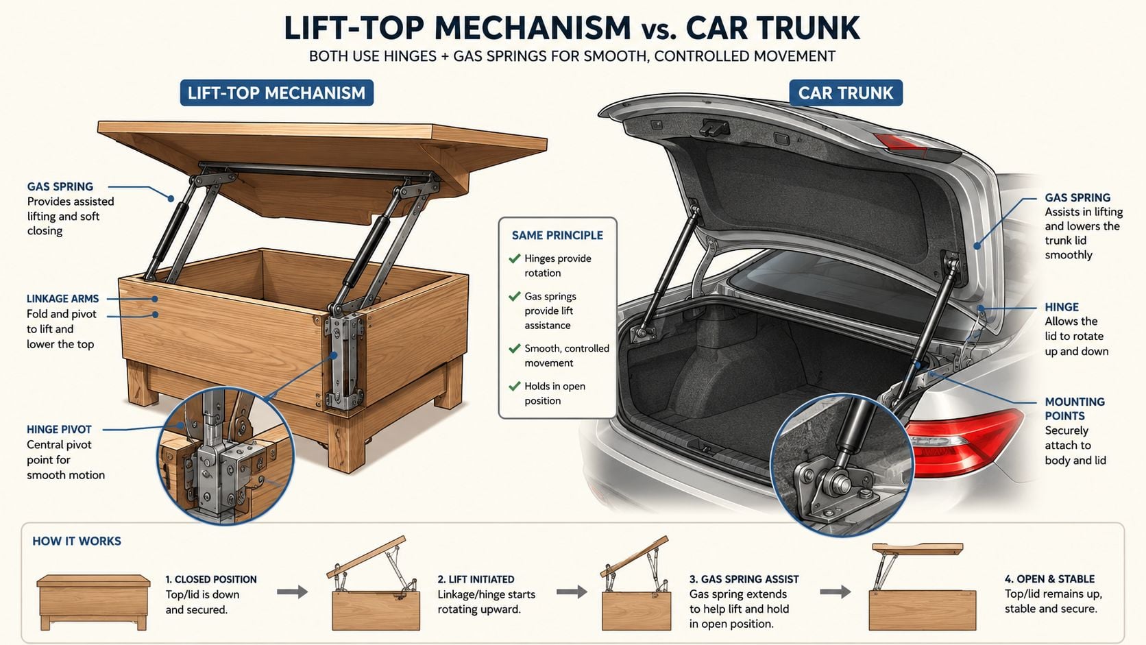 An infographic illustrating the shared mechanical principles of lift-top coffee tables and car trunk hinges.