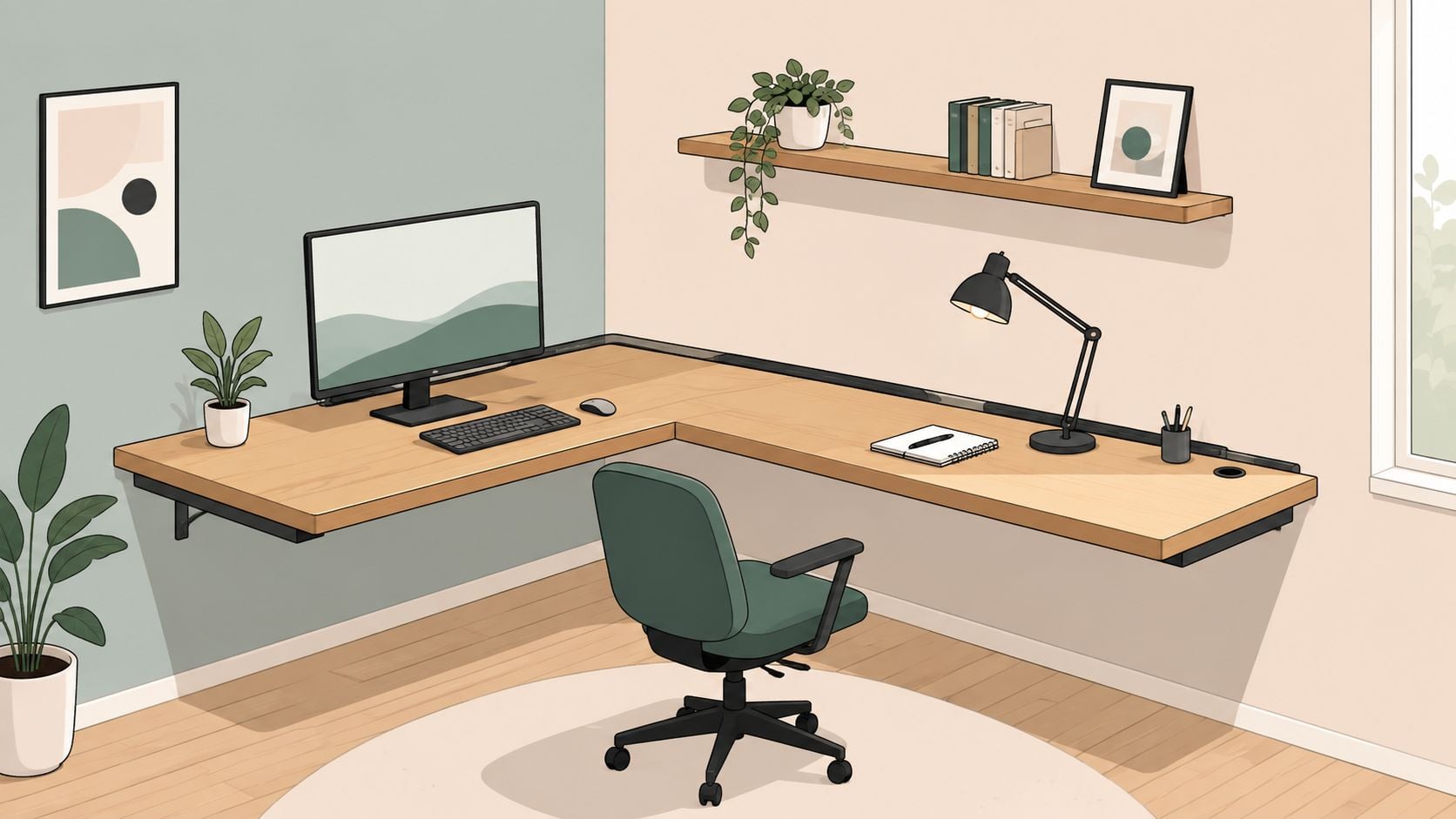 A modern L-shaped floating desk set up in a corner with a monitor, chair, and shelving.