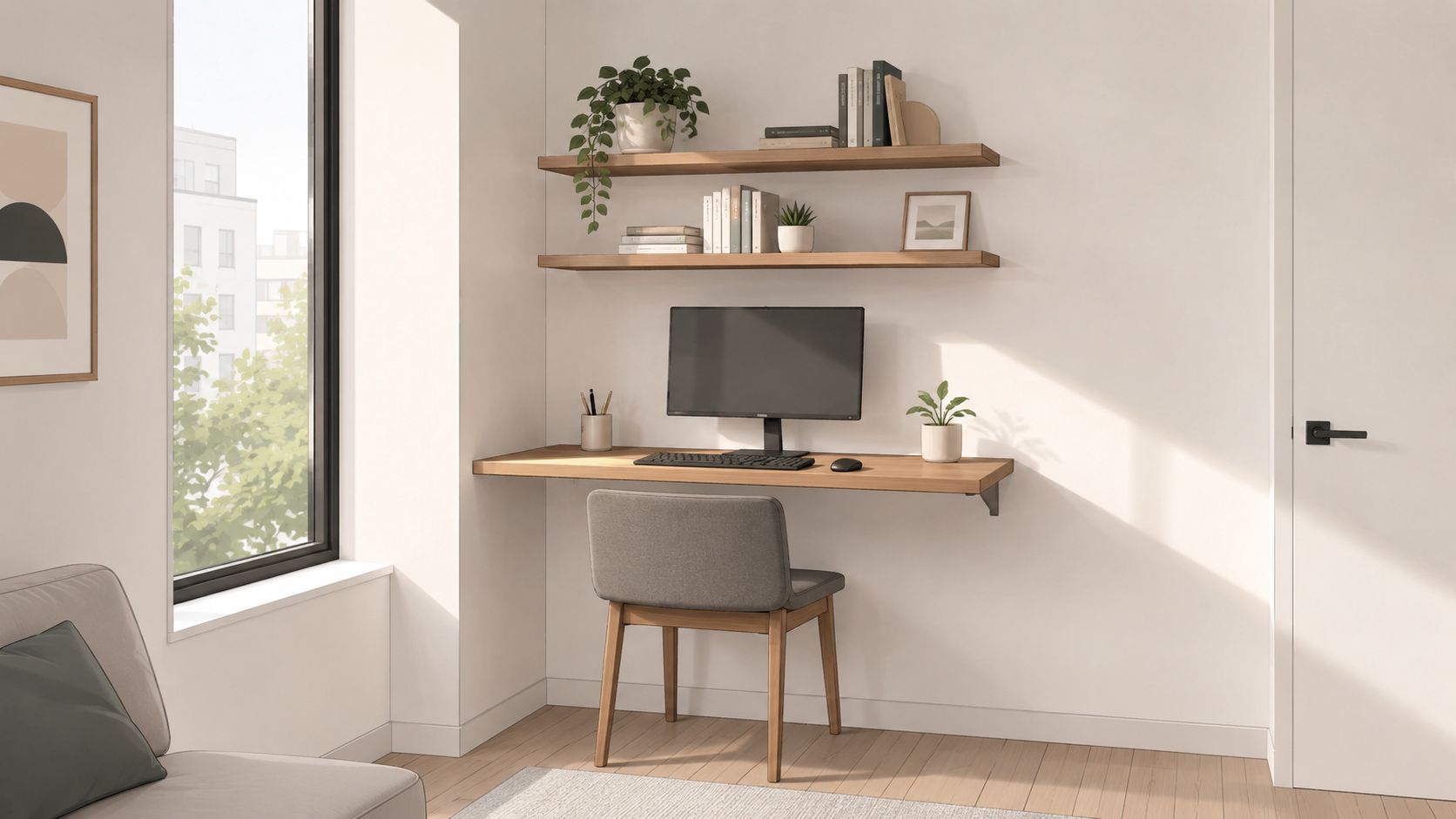 A minimalist home office featuring a floating wooden desk and open shelves in a bright corner.