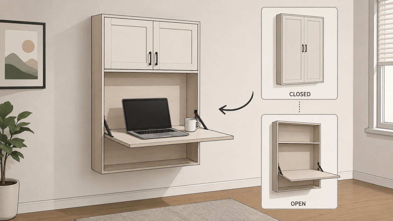 A modern wall-mounted fold-down desk shown in open and closed positions for compact room organization.