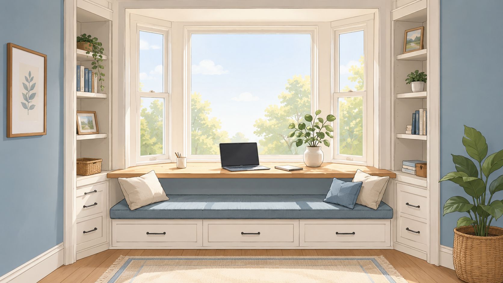 A cozy, sunlit bay window nook with a built-in wooden desk, laptop, and comfortable seating cushions.