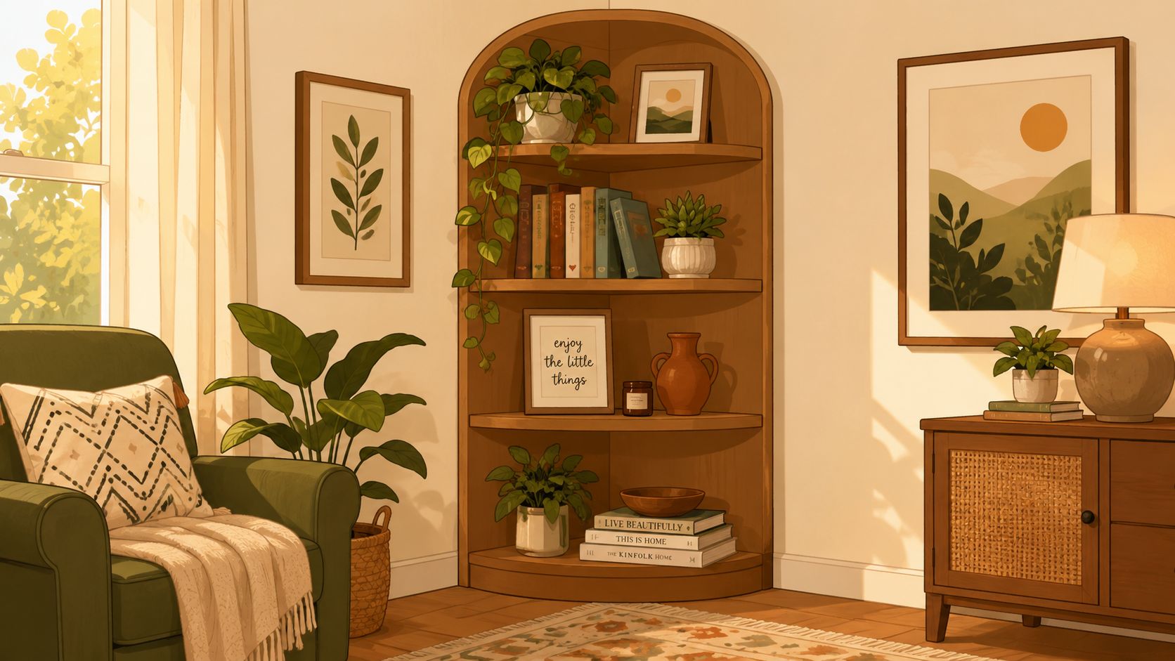 A cozy, sunlit corner featuring a wooden arched bookshelf filled with plants, books, and home decor items.