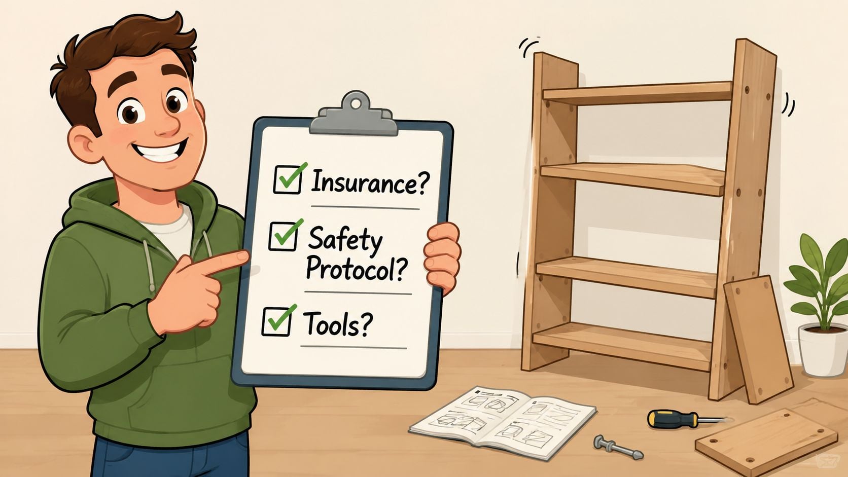 A cartoon man holding a checklist for furniture assembly with a wooden shelf in the background.