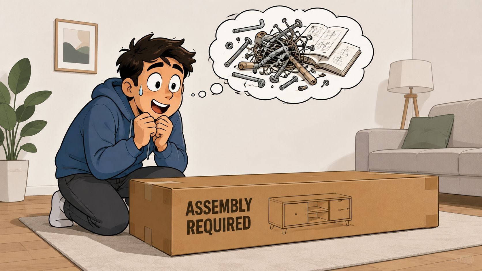 A nervous young man kneeling before a large cardboard box requiring furniture assembly with a worried expression.