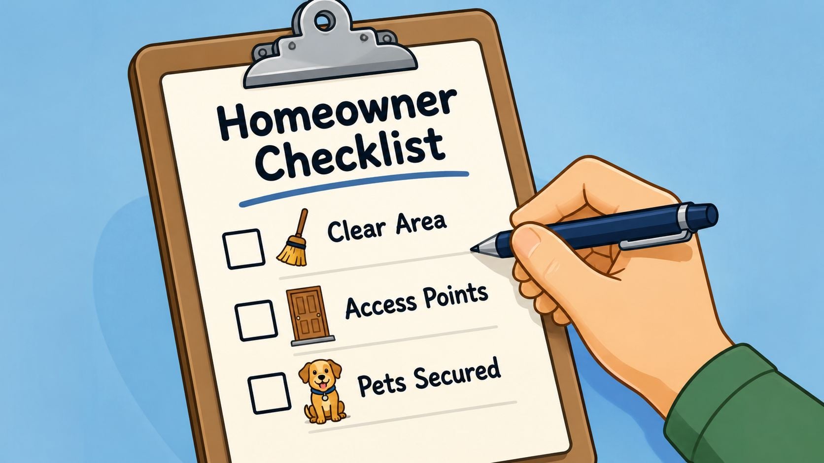 A hand holding a pen over a homeowner checklist clipboard containing tasks for furniture assembly service preparation.
