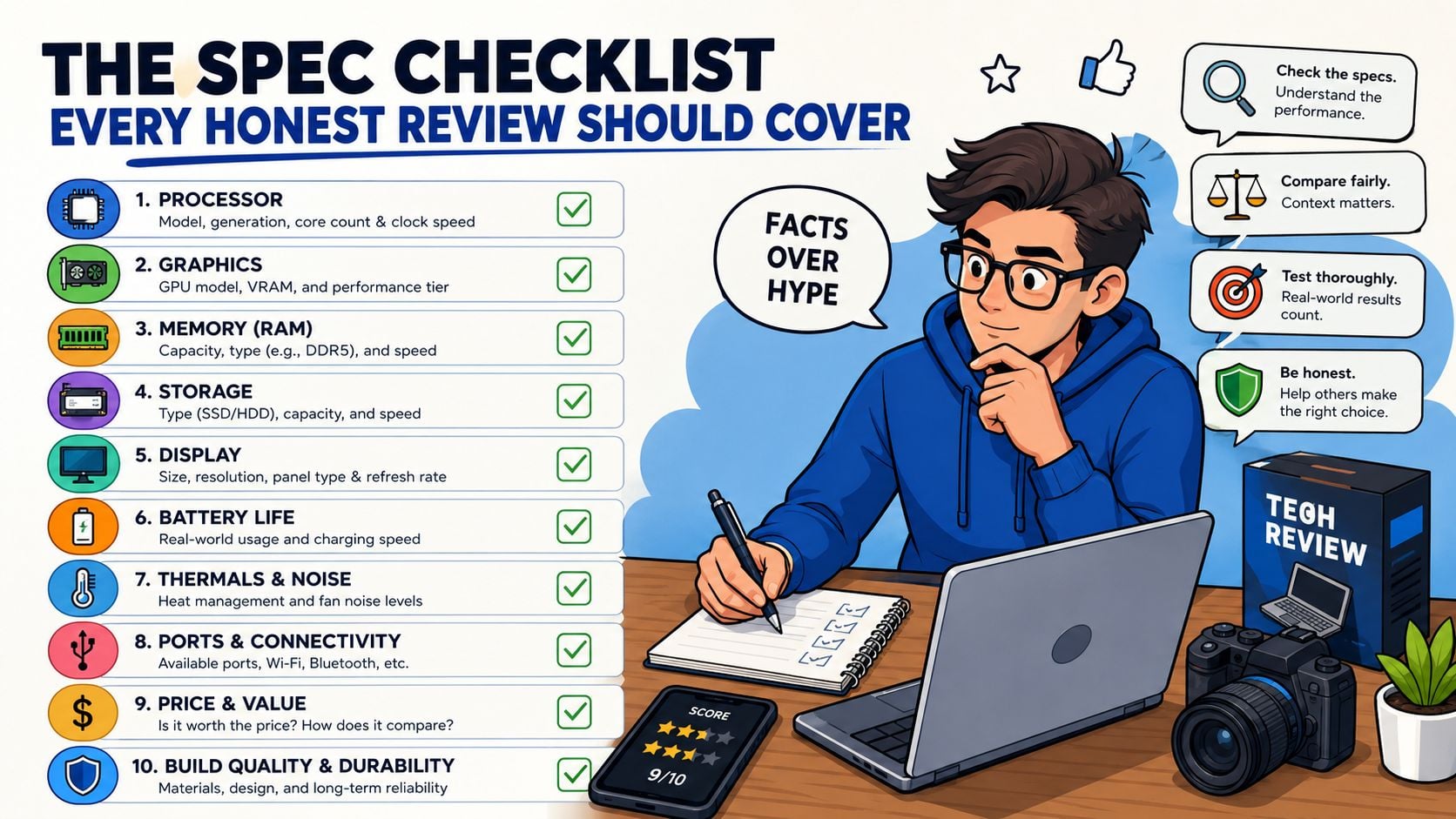 A checklist of ten essential hardware specifications for writing honest tech product reviews with a reviewer.