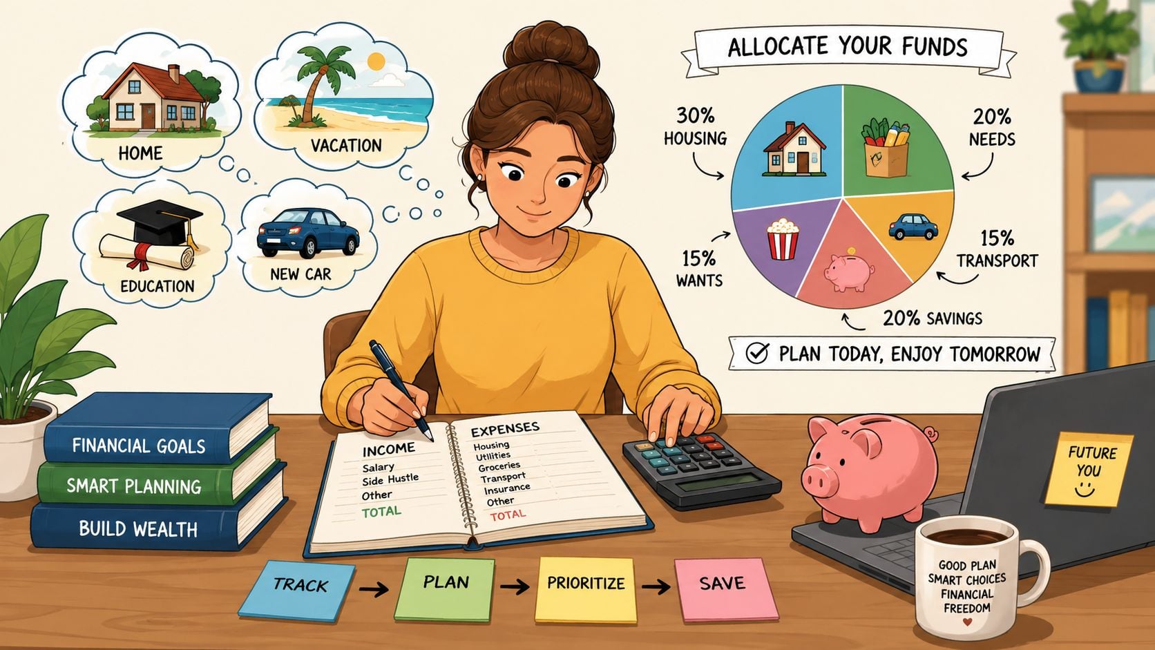 A woman budgeting at her desk with pie charts, financial goals, and expense planning for savings.
