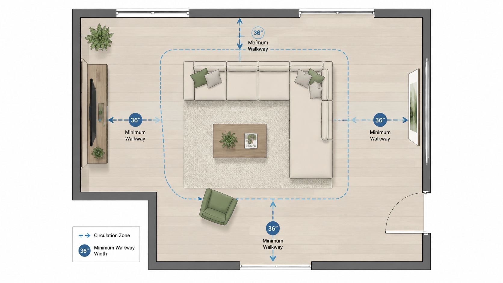 A floor plan diagram showing a living room layout with recommended 36-inch minimum clearance walkways around furniture.