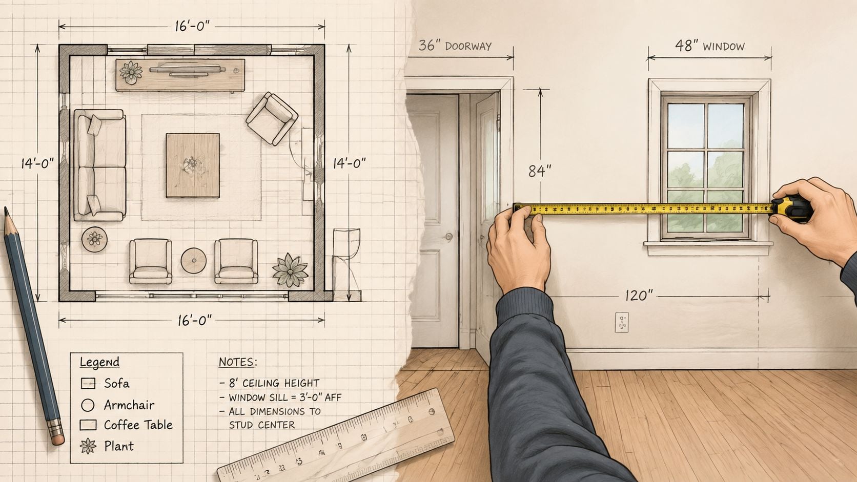A split image showing a room floor plan drawing and a person using a tape measure.