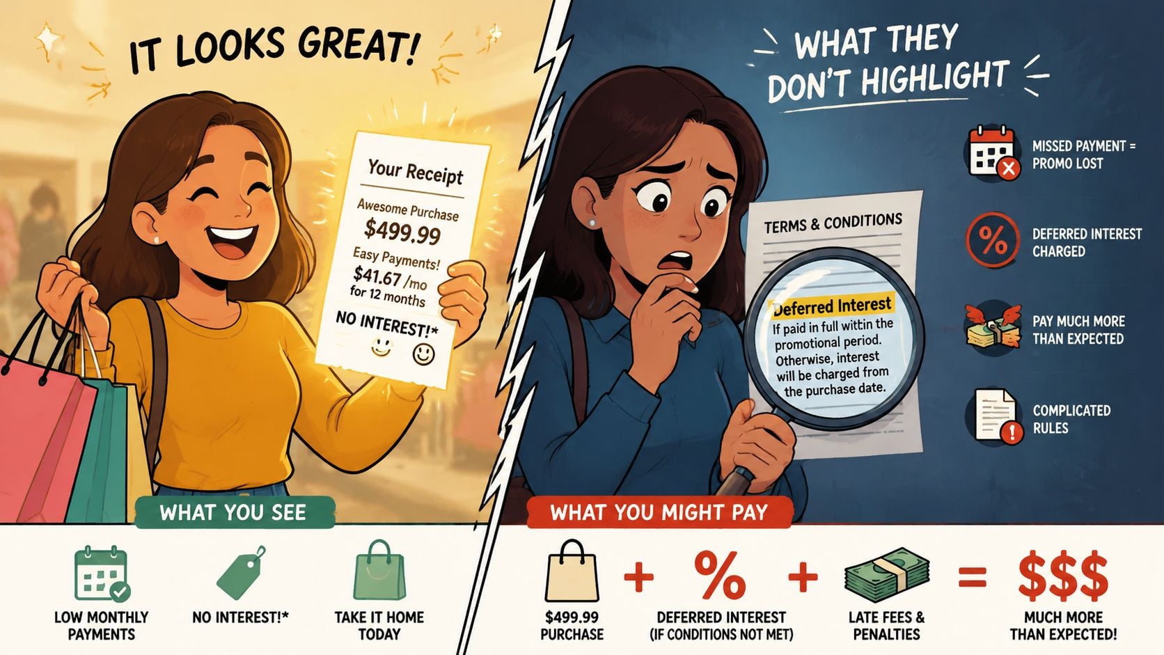 An infographic contrasting the appealing marketing of deferred interest financing with the hidden risks of extra costs.
