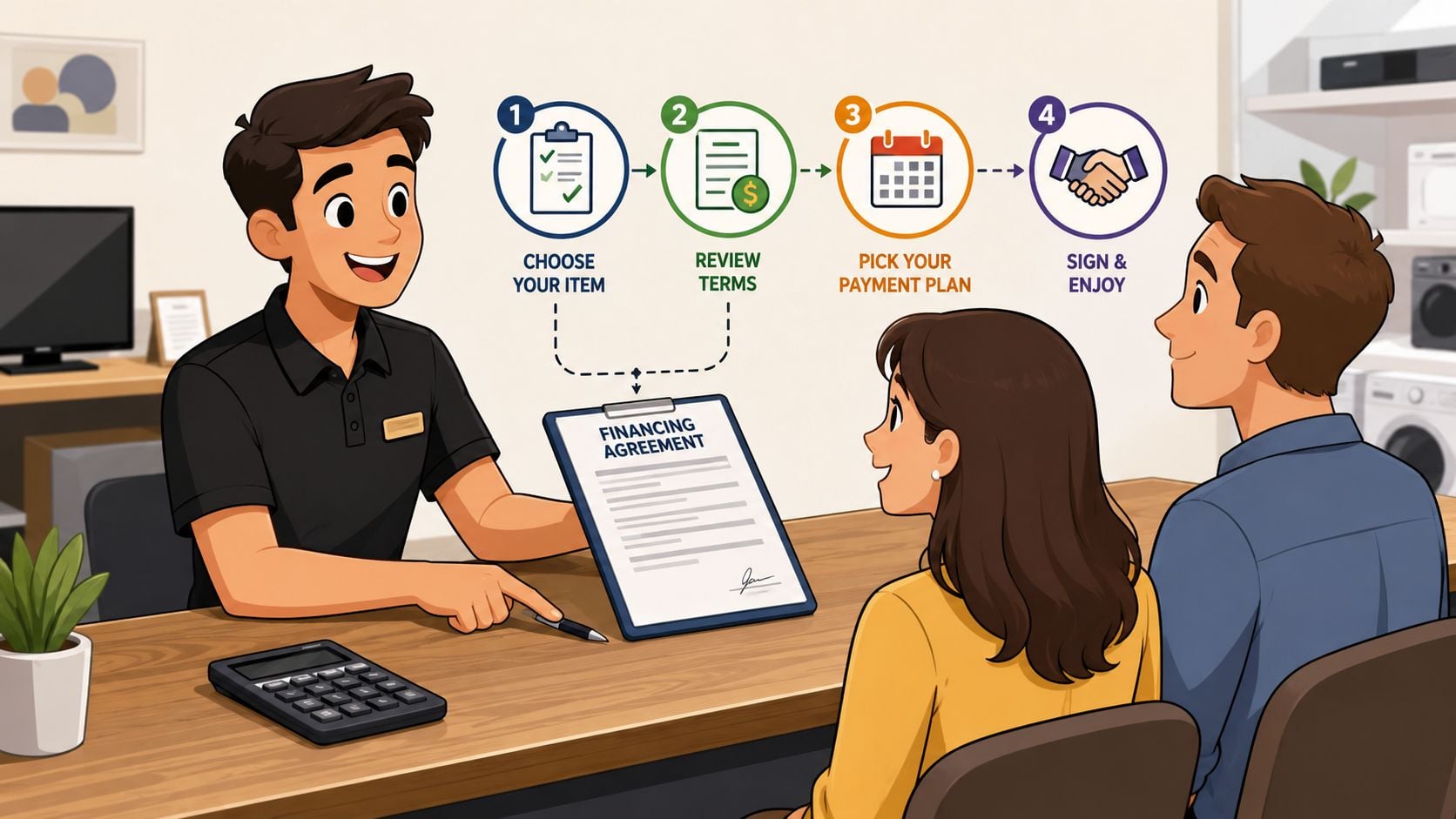 A store employee explains a four-step furniture financing process to a couple sitting at a wooden desk.