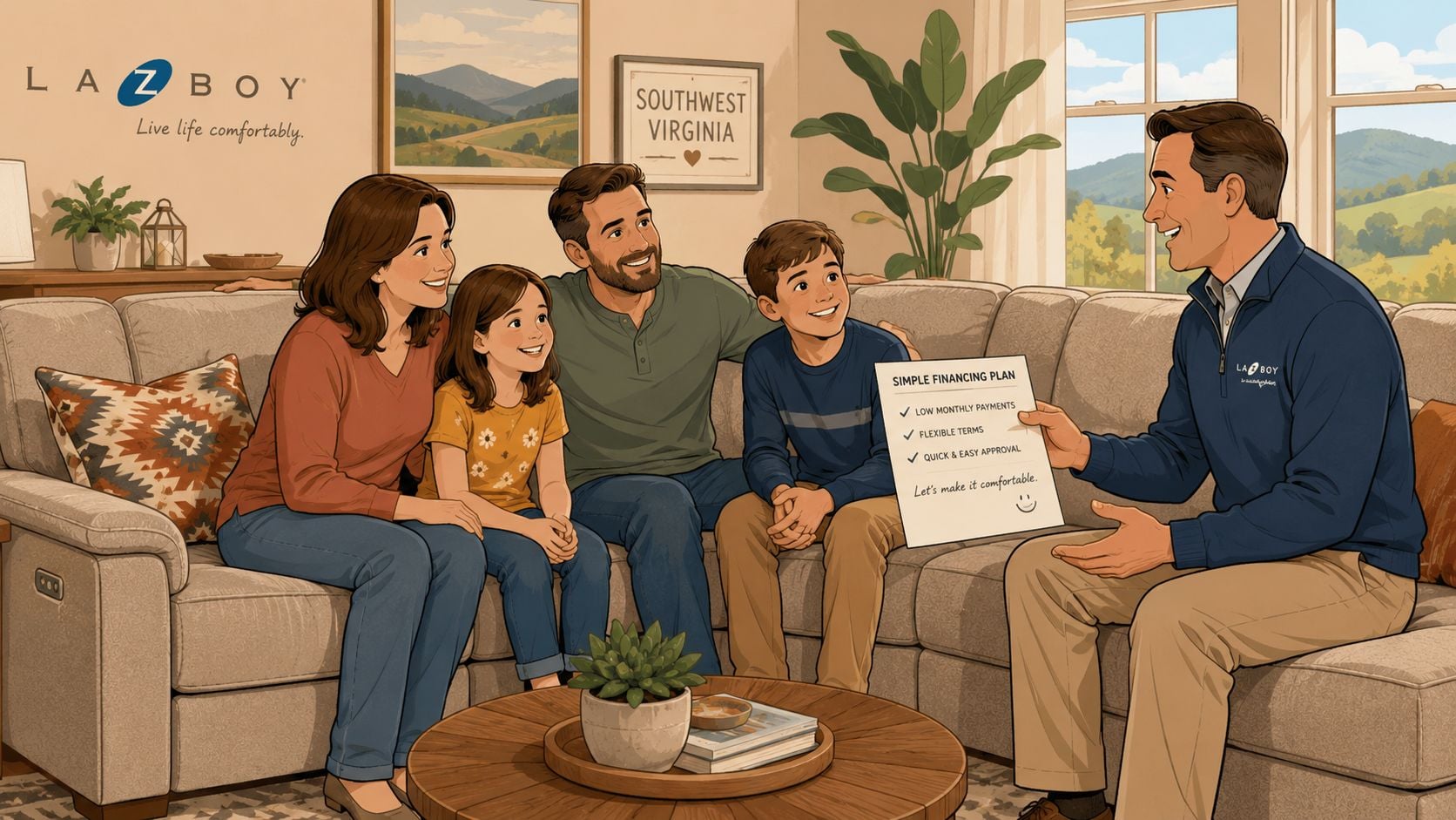 A happy family discussing an in-house furniture financing plan with a La-Z-Boy store representative in a living room.