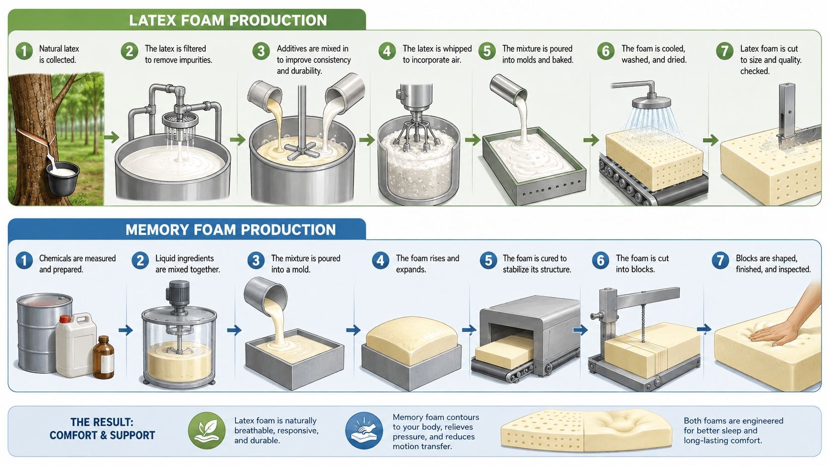 A detailed infographic illustrating the step-by-step production processes for manufacturing both latex and memory foam mattresses.