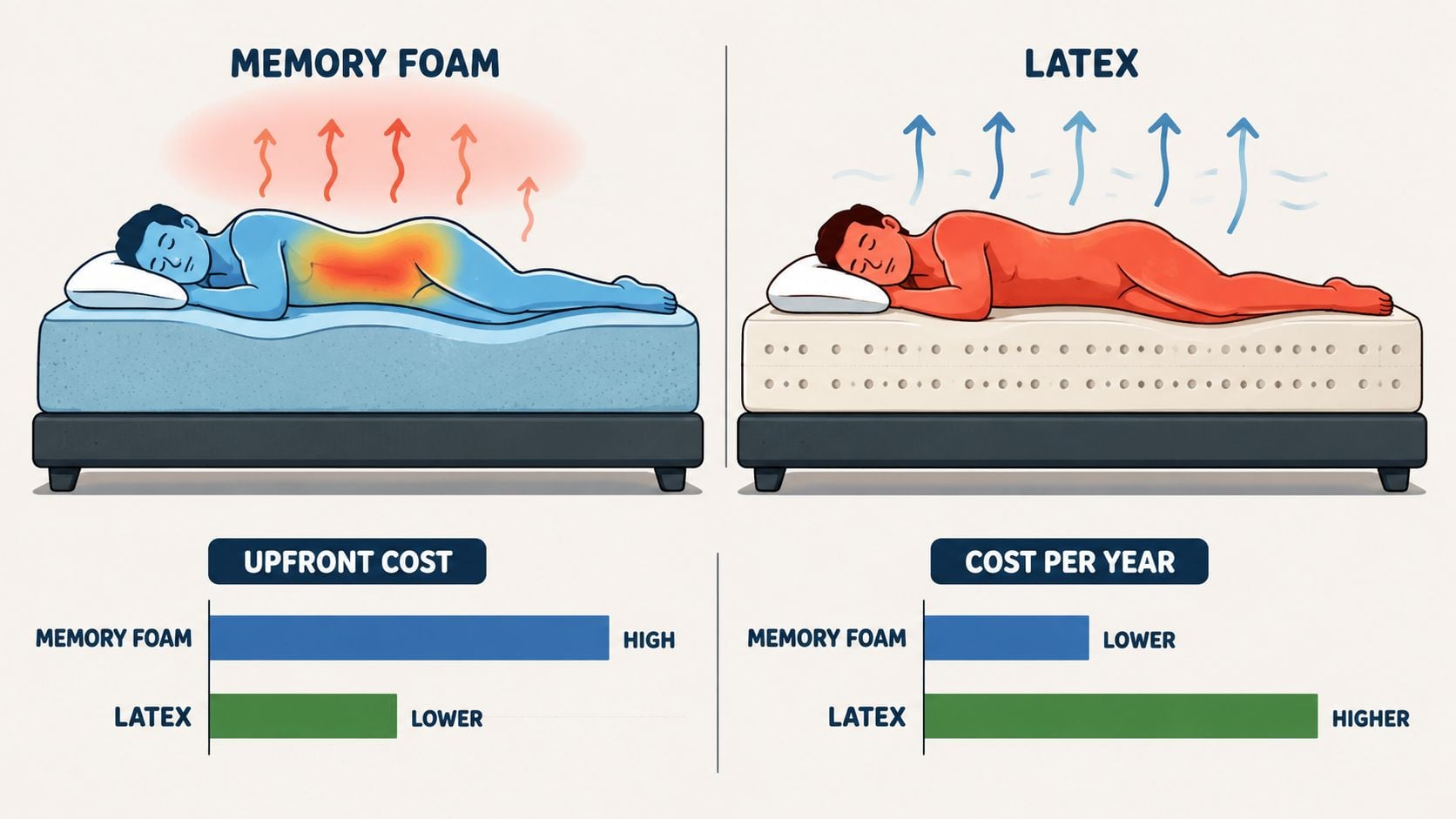 A comparison illustration showing temperature regulation and costs of memory foam versus latex mattresses for sleep.