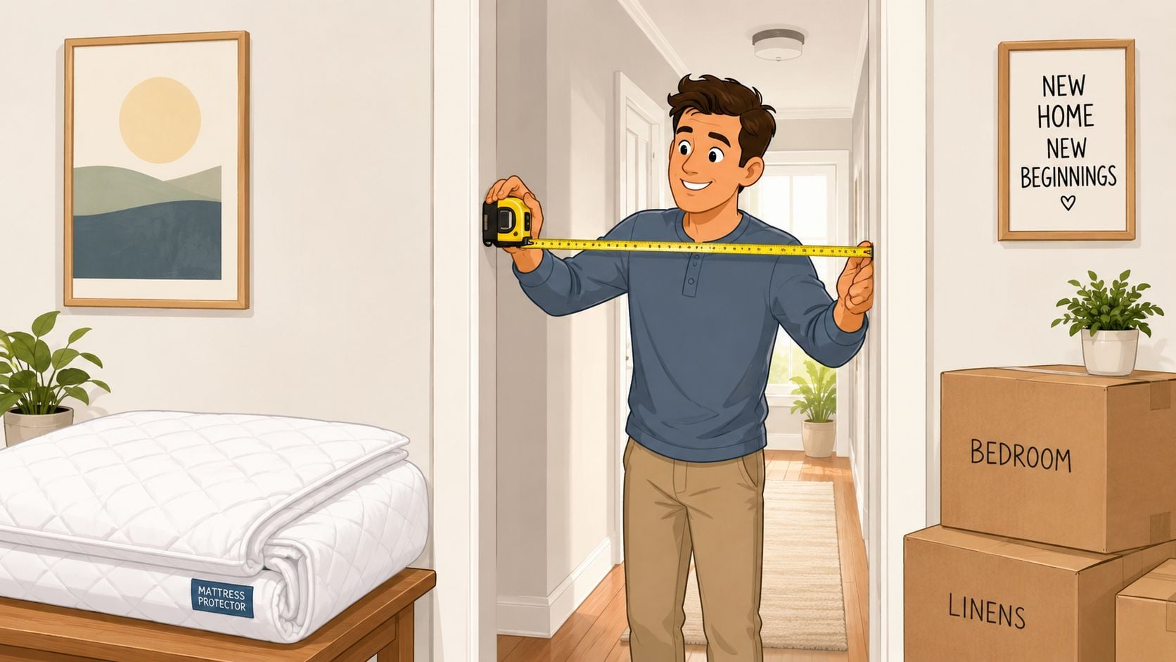 A man in a house measures a doorway with a tape measure to prepare for mattress delivery.