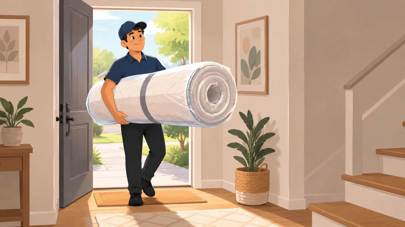 A friendly delivery worker carrying a rolled up mattress in plastic wrap into a home's entryway.