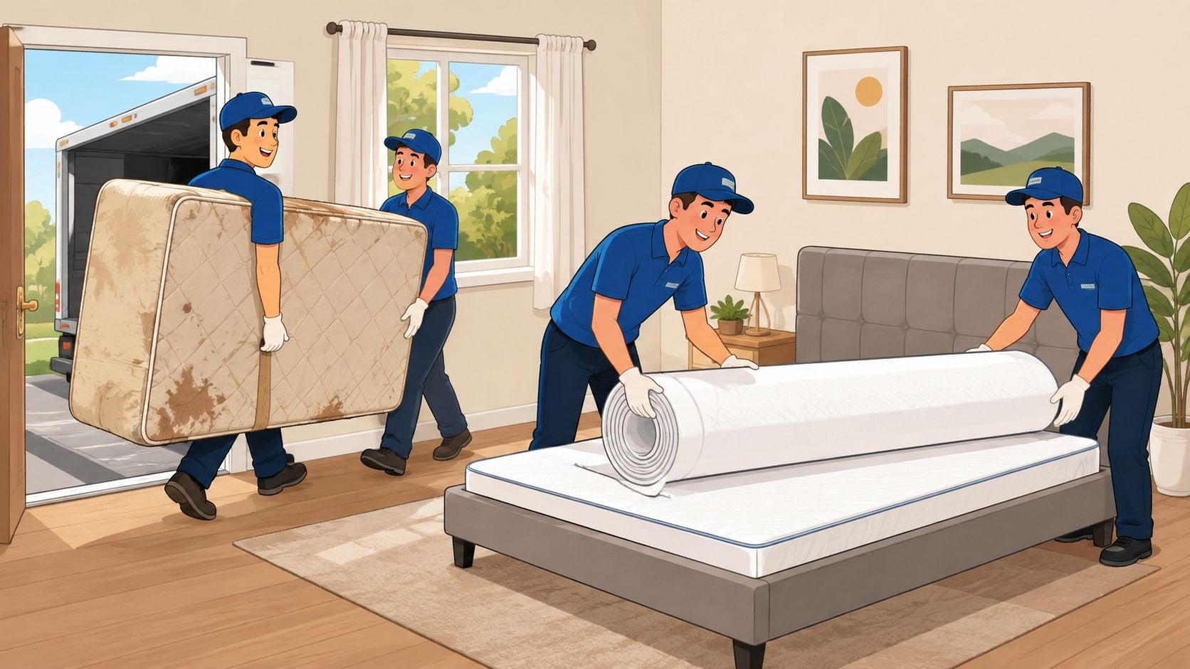 Two professional movers carry away an old stained mattress while two others unroll a new clean one.