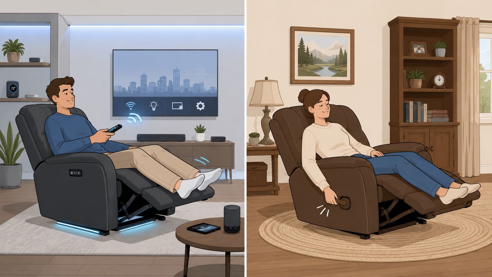 A split comparison image showing a man using a power recliner with a remote and a woman using a manual recliner.
