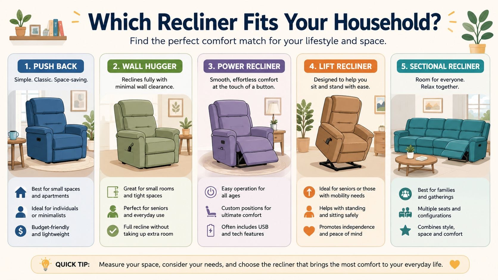 An infographic titled Which Recliner Fits Your Household, comparing five types of recliners with their key benefits.
