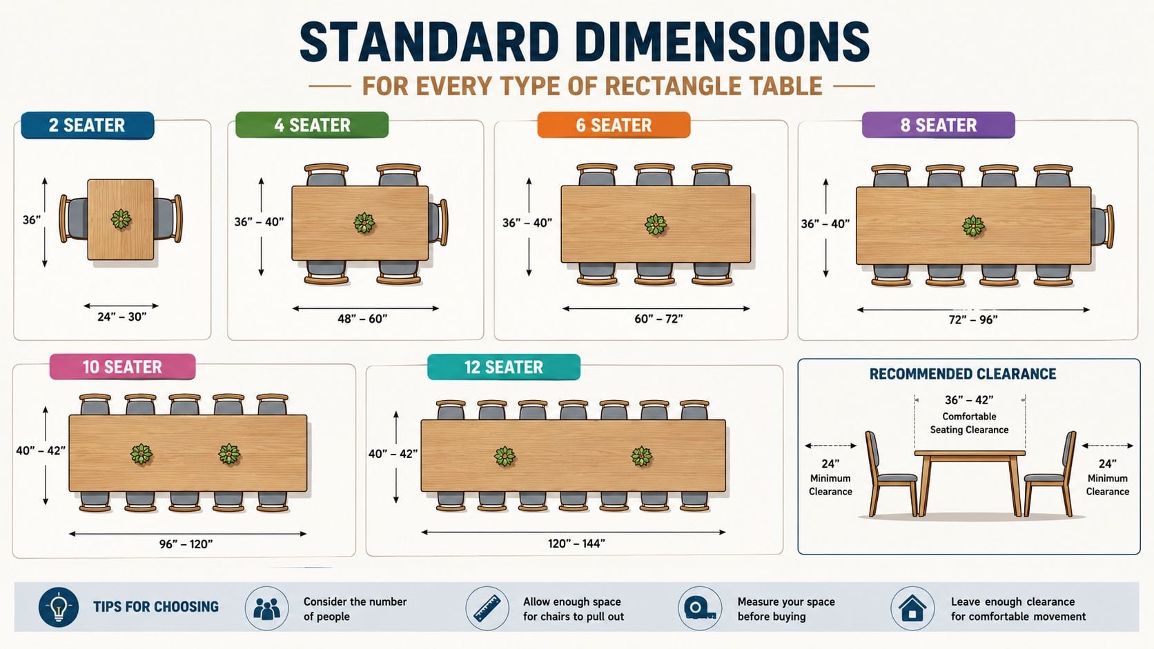 A guide showing the standard dimensions for rectangle dining tables ranging from 2 to 12 seaters.