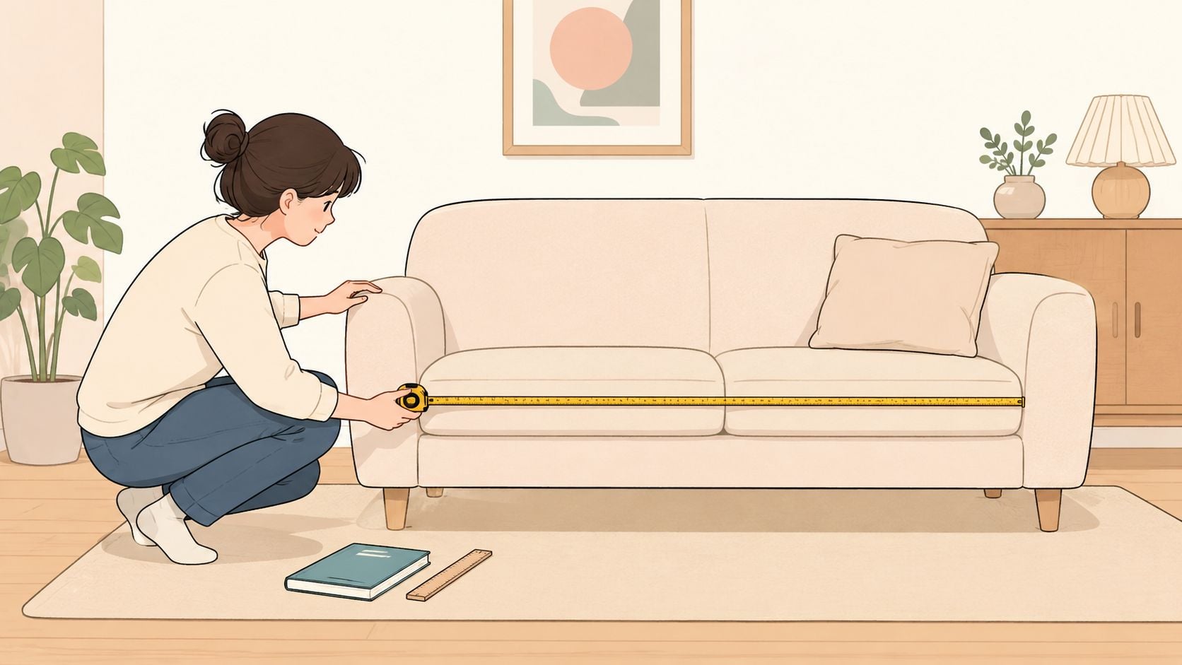 A woman kneeling on a rug while measuring the length of a modern sofa with a tape measure.