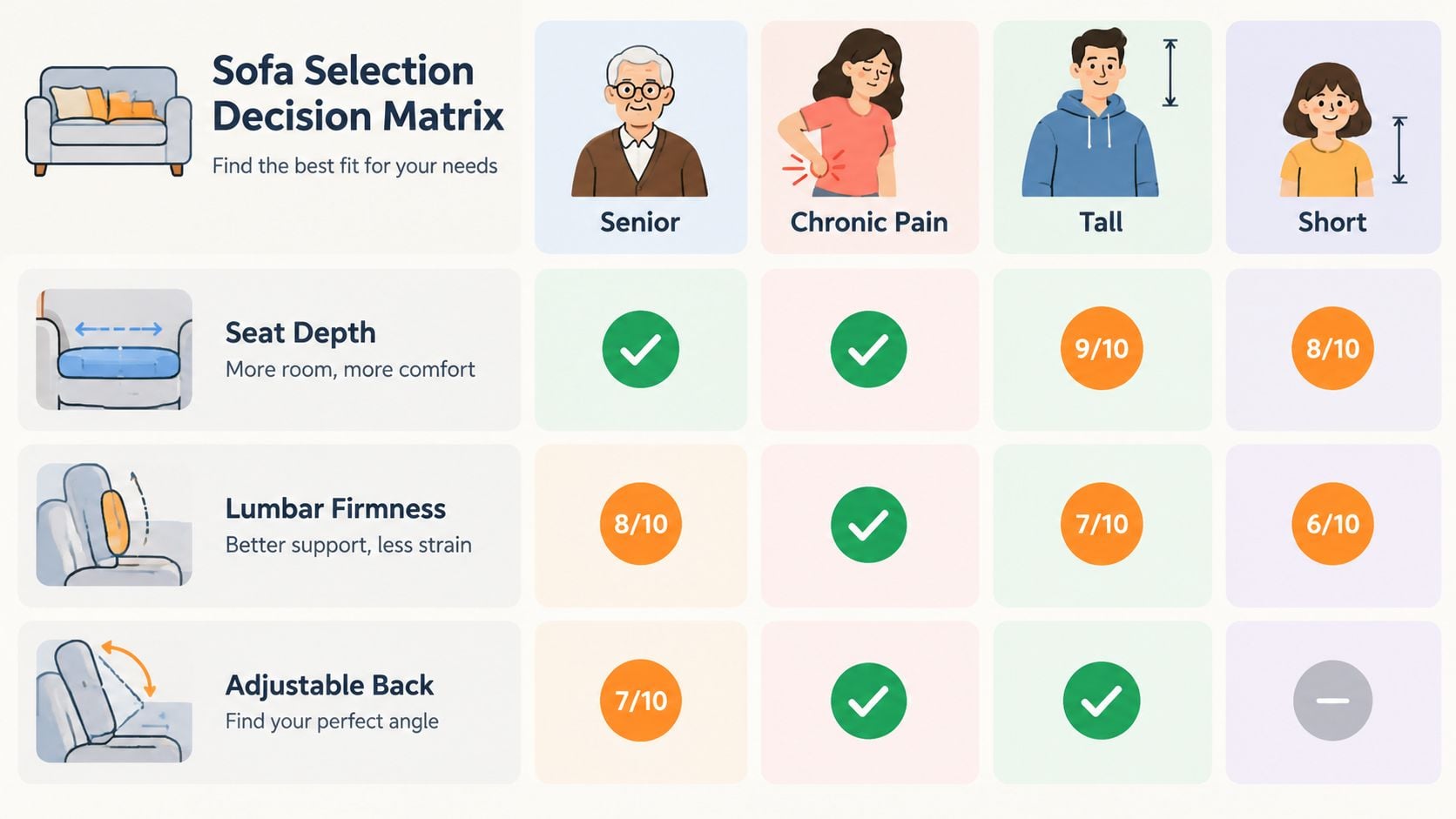 A decision matrix table showing recommended sofa features for seniors, people with chronic pain, tall, and short individuals.