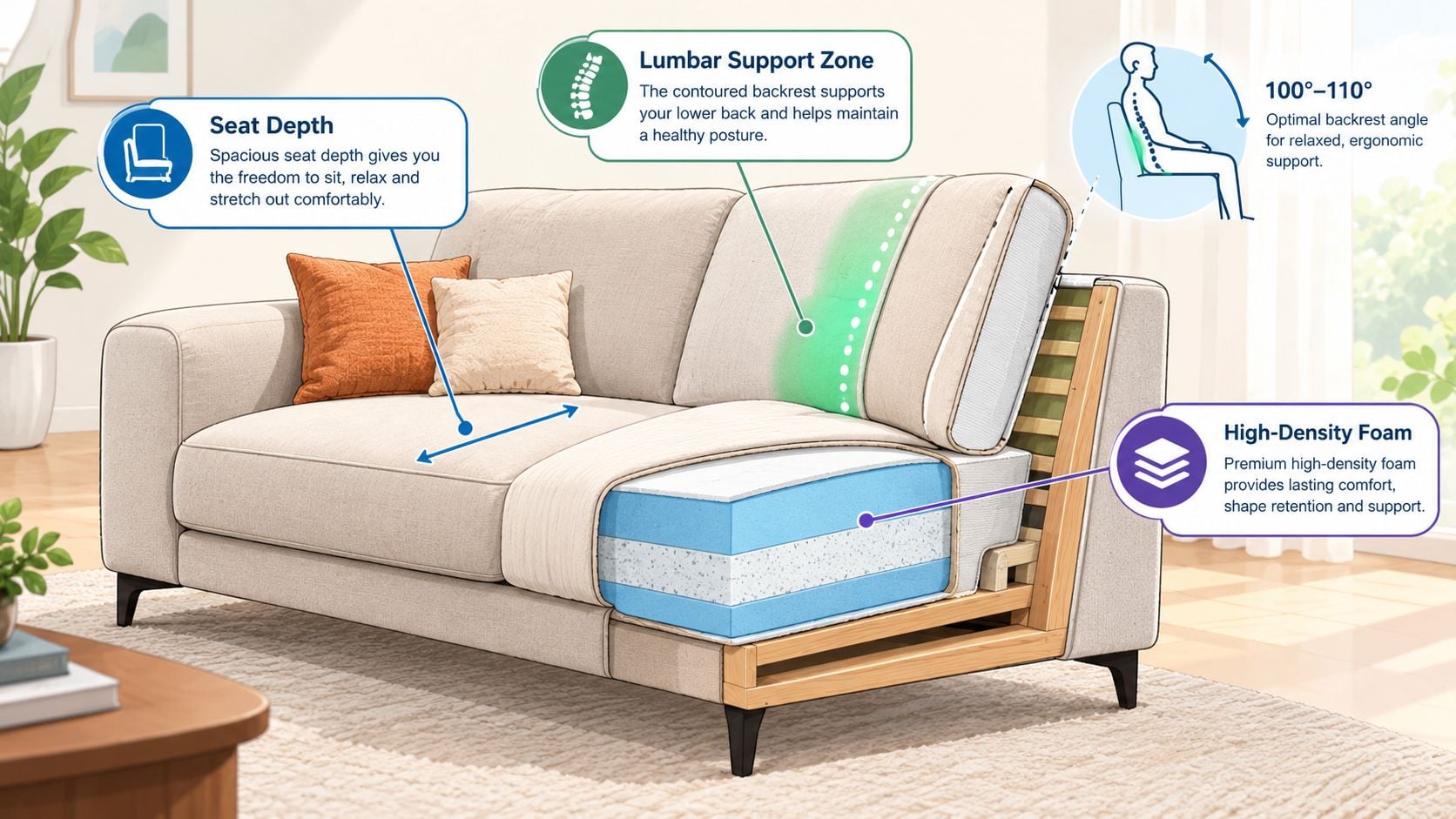A diagram of a beige sofa highlighting ergonomic features like lumbar support, seat depth, and high-density foam cushioning.