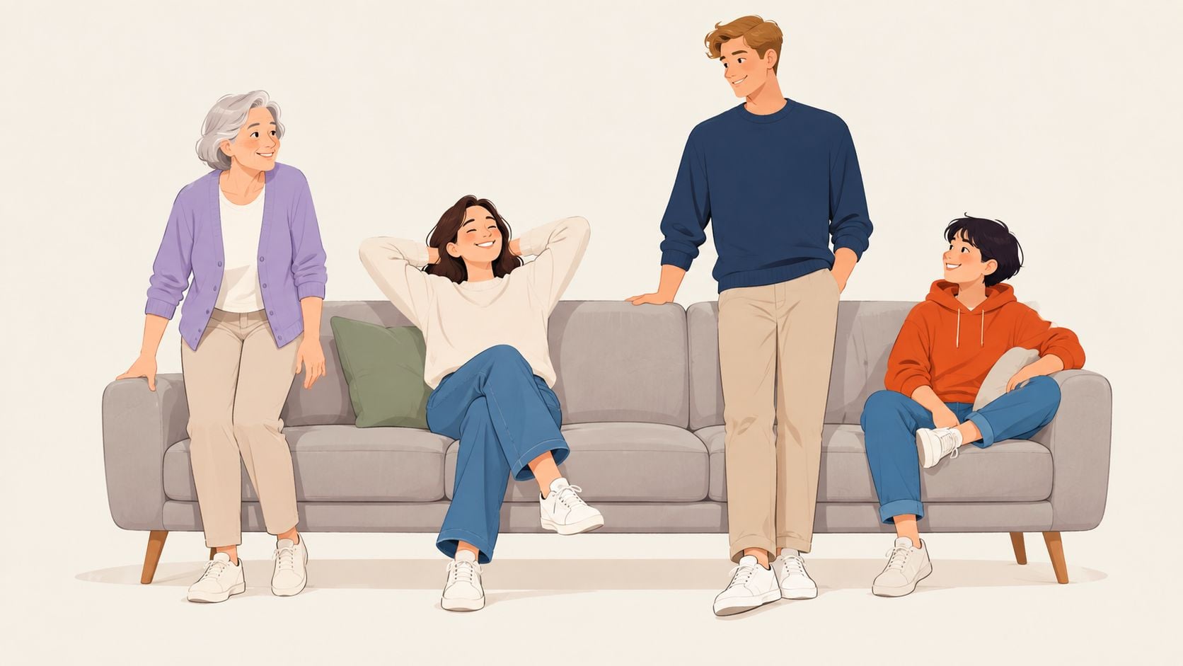 A multi-generational family sitting and standing around a modern comfortable grey sofa in a studio.