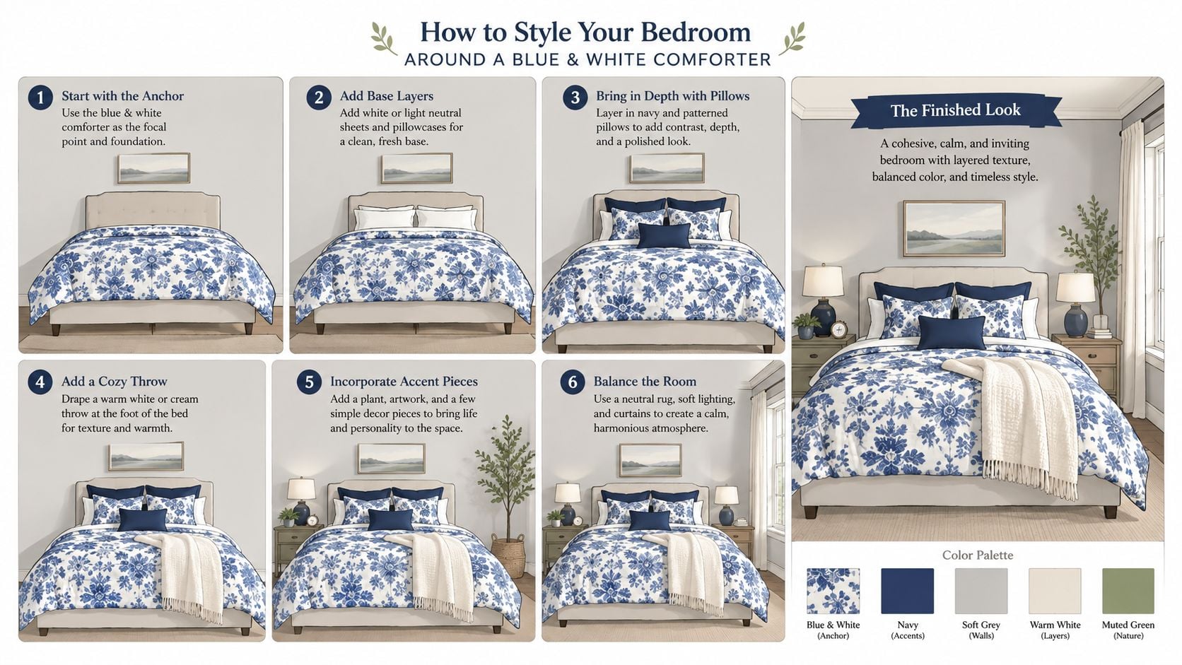 An infographic showing six steps on how to style a bedroom featuring a blue and white comforter.