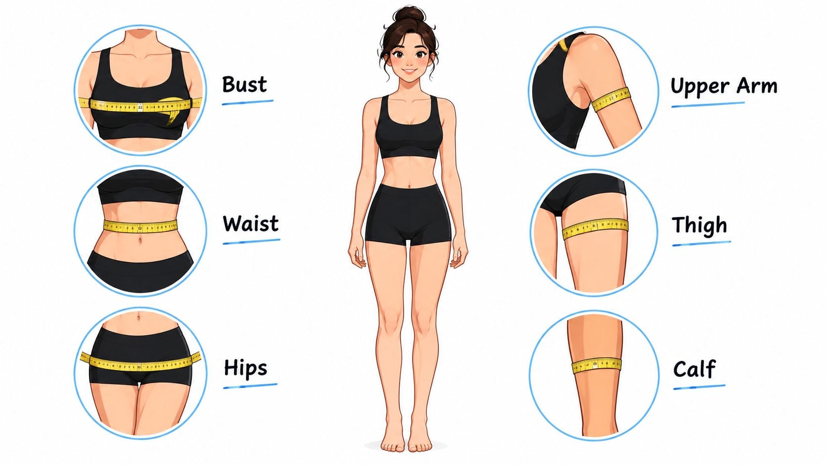 A diagram demonstrating how to accurately measure different parts of the body for fitness or clothing purposes.