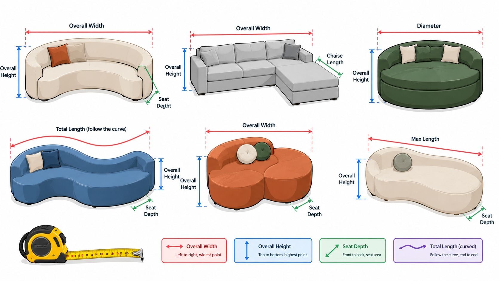 A diagram illustrating how to measure various shapes of modern couches and sofas for furniture covers.