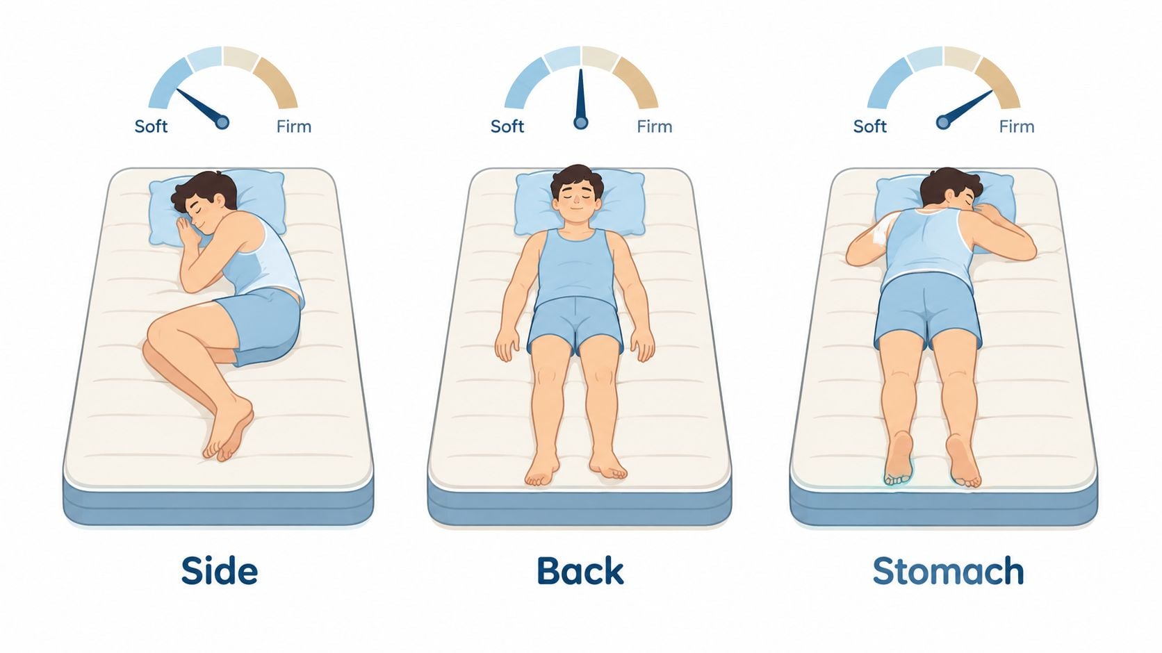 An illustration showing three different sleeping positions on a mattress with firmness gauge indicators for each.