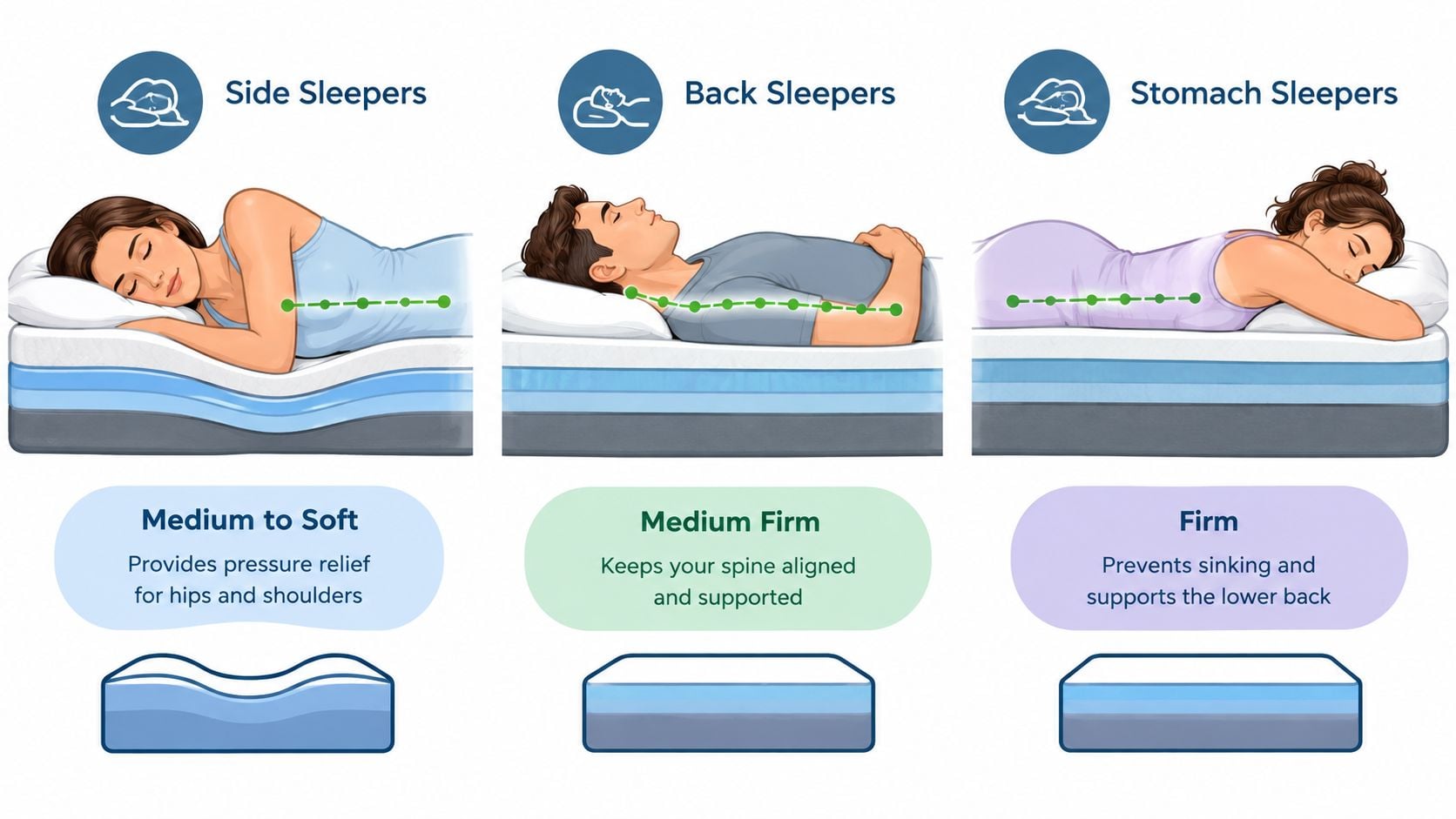 A diagram illustrating ideal mattress firmness levels for side, back, and stomach sleeping positions to maintain spinal alignment.