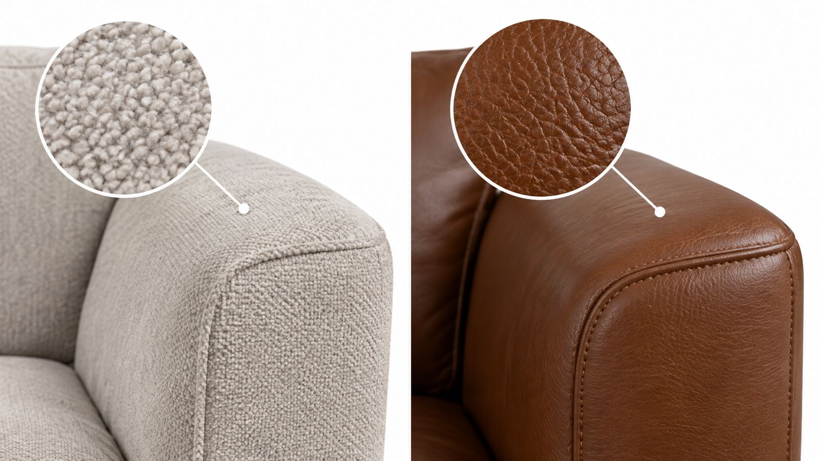 Close up comparison of textured beige fabric upholstery and smooth brown leather sofa material showing surface details.