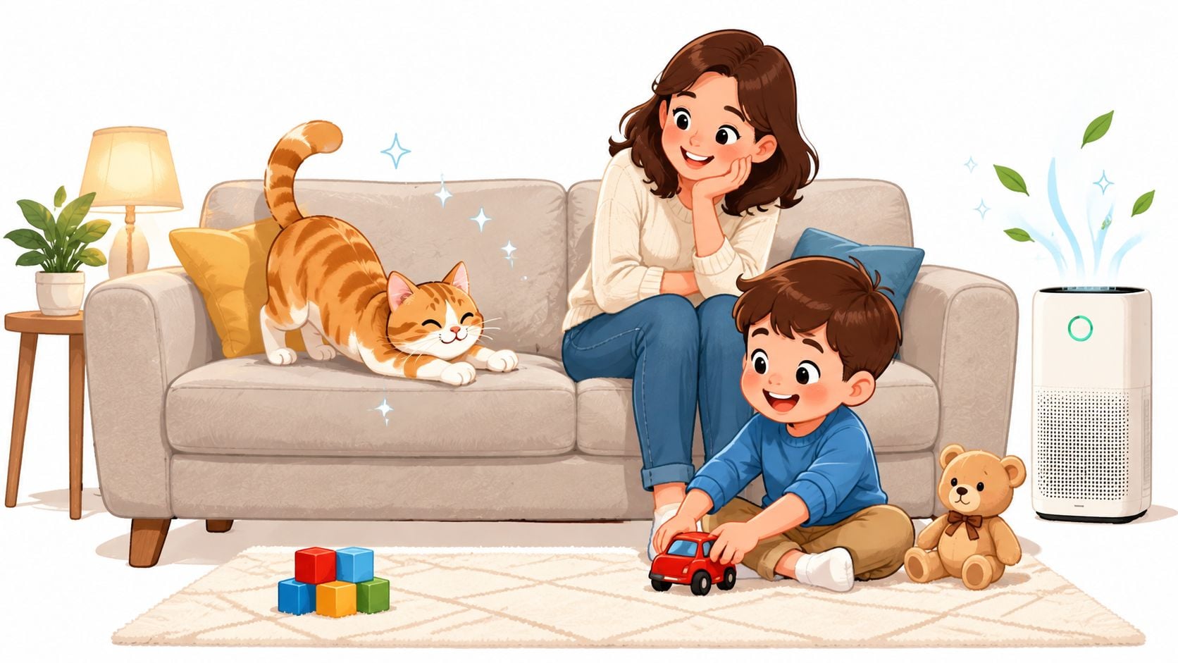 A mother and child sit on a sofa with a cat and air purifier nearby.