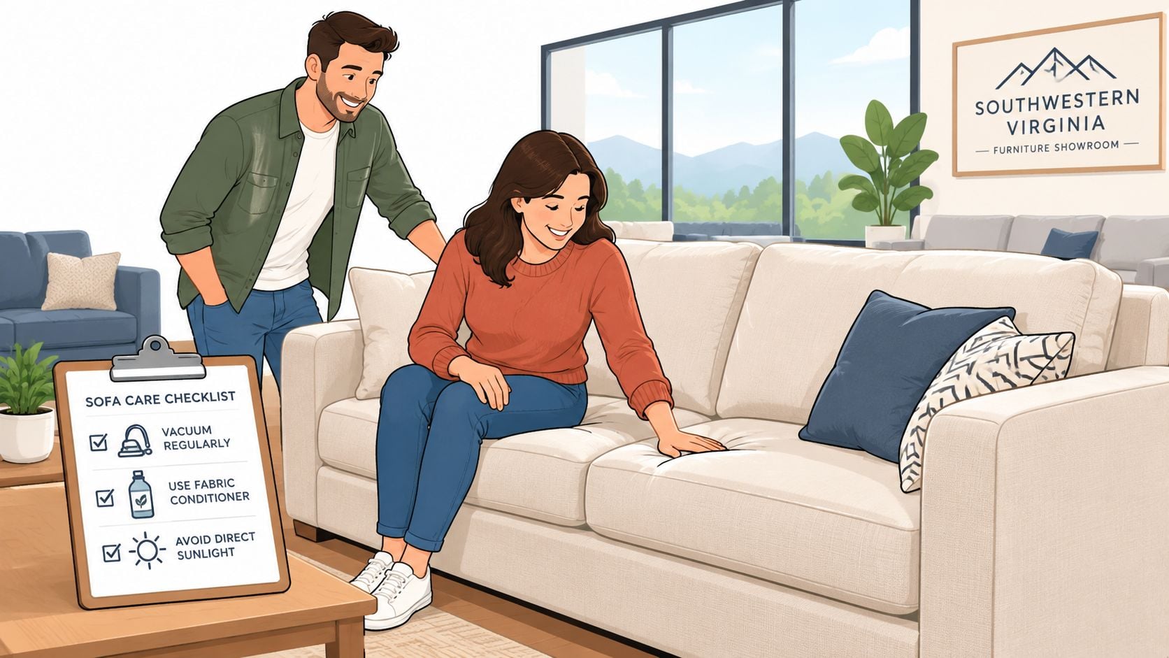 A happy couple standing in a furniture showroom next to a comfortable white sofa with care instructions.
