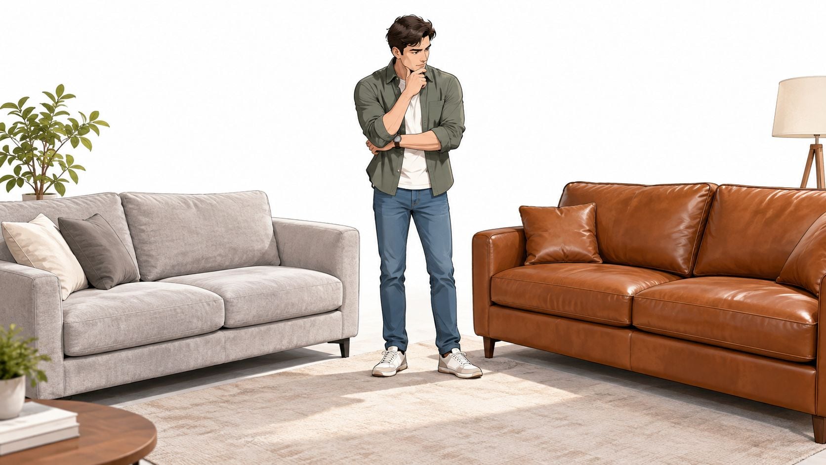 A man stands thoughtfully between a light grey microfiber sofa and a warm brown leather sofa.